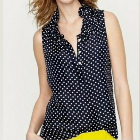 J. Crew Factory Tops - J. Crew Navy Blue and White Polka-Dot Sleeveless Ruffle Neck Blouse